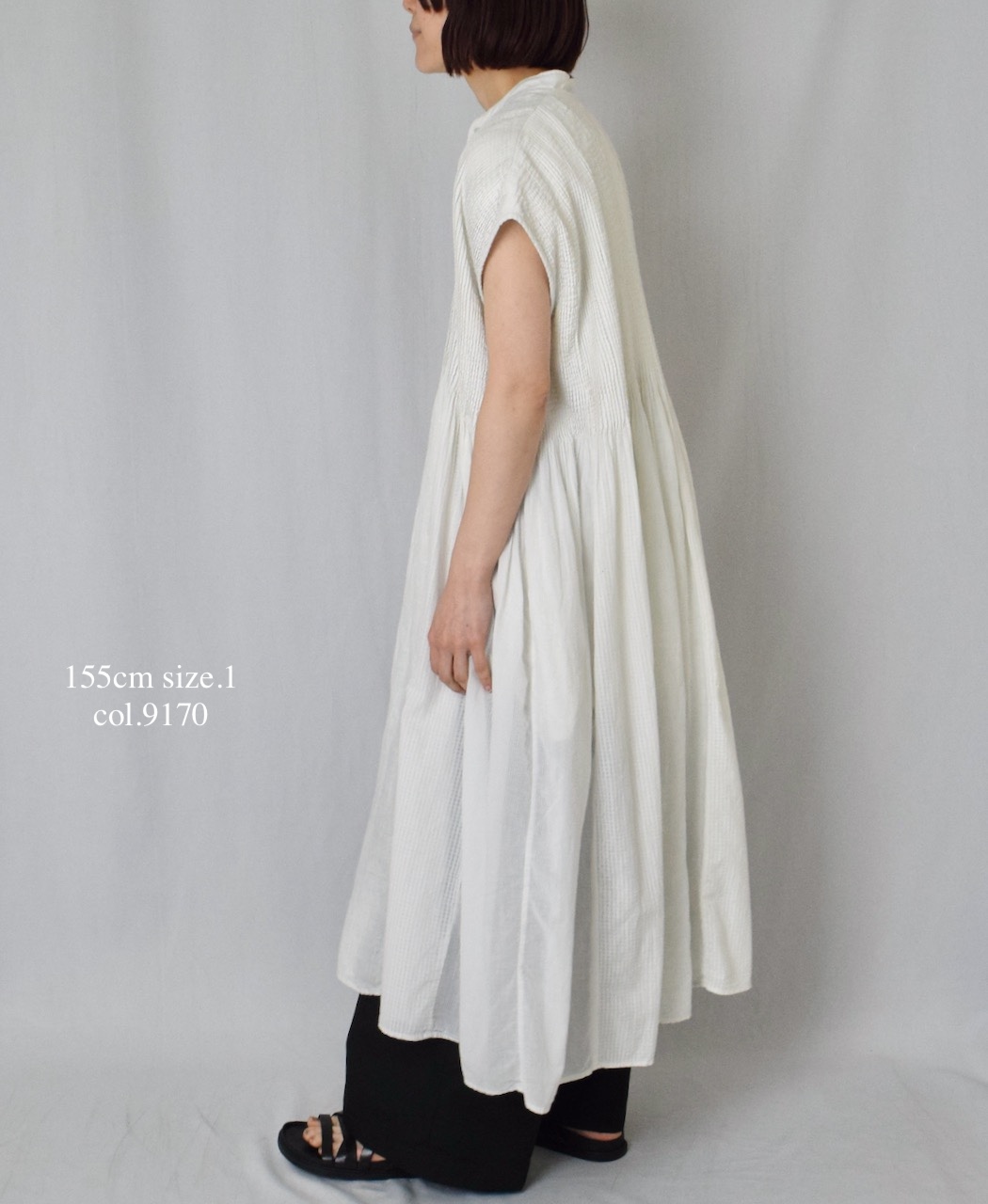 NMDS25234D(シャツ) COTTON&LINEN PATCHWORK(OVERDYE) CREW-NECK BANDED F/SL SHIRT DRESS WITH MINI PINTUCK