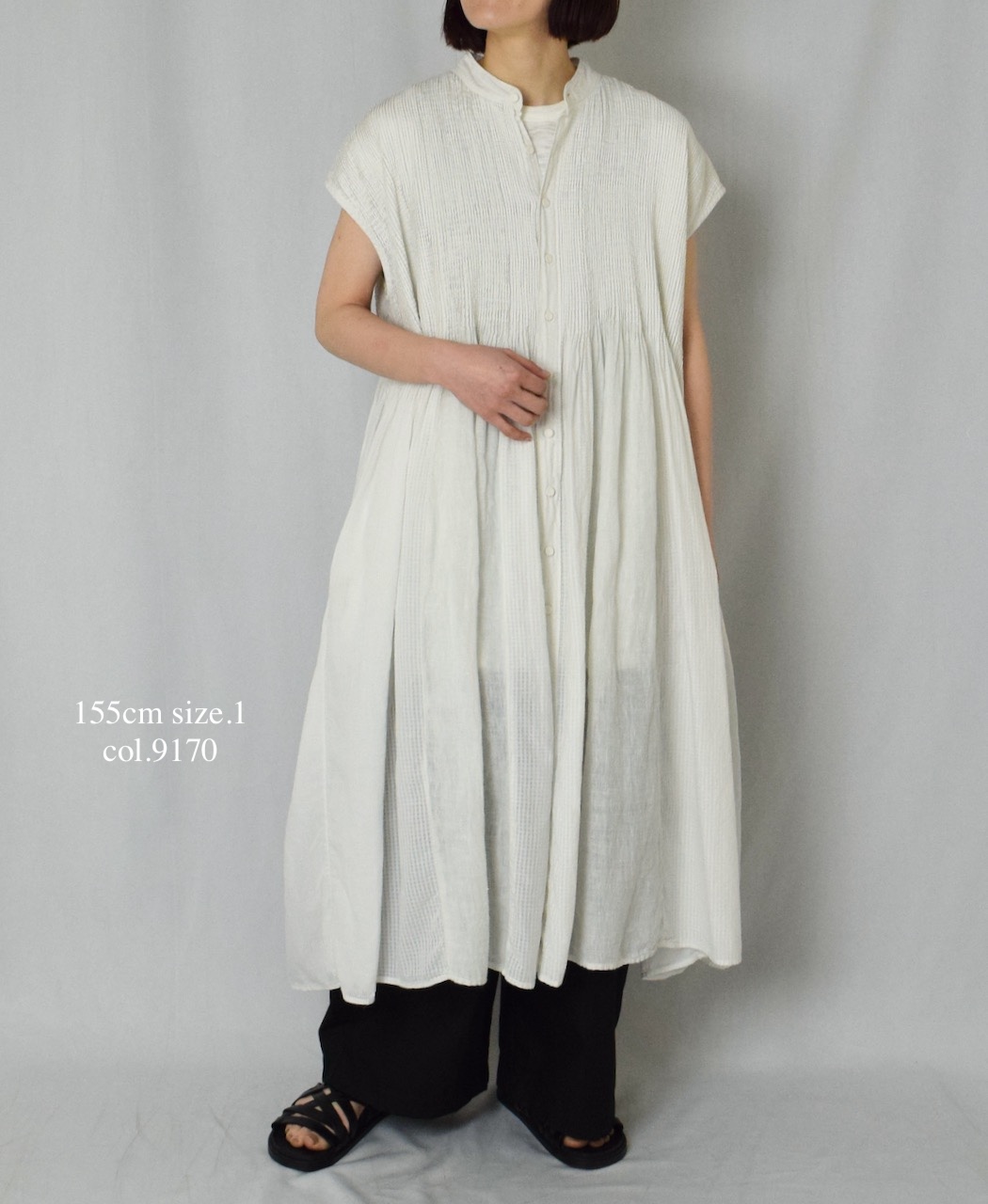 NMDS25234D(シャツ) COTTON&LINEN PATCHWORK(OVERDYE) CREW-NECK BANDED F/SL SHIRT DRESS WITH MINI PINTUCK