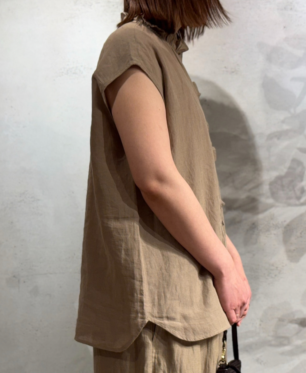 INMDS25005(シャツ)YARN DYE AUTO LOOM 60s LINEN PLAIN NO/SL FRILL COLLAR SHIRT