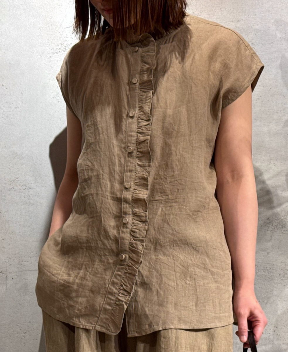 INMDS25005(シャツ)YARN DYE AUTO LOOM 60s LINEN PLAIN NO/SL FRILL COLLAR SHIRT