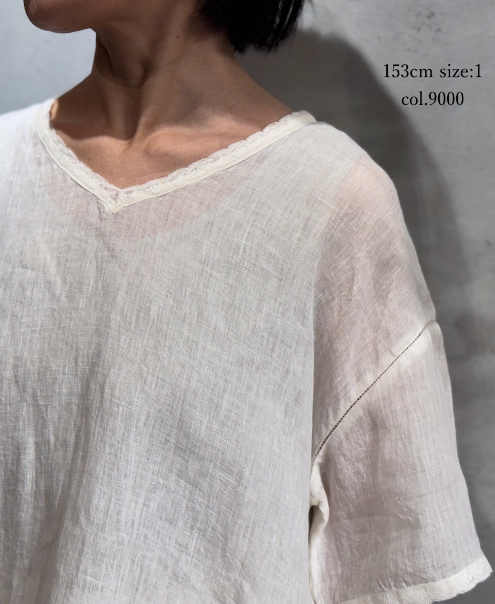 NMDS25243(プルオーバー) 80s POWER LOOM LINEN PLAIN V-NECK LACE S/SL PULLOVER