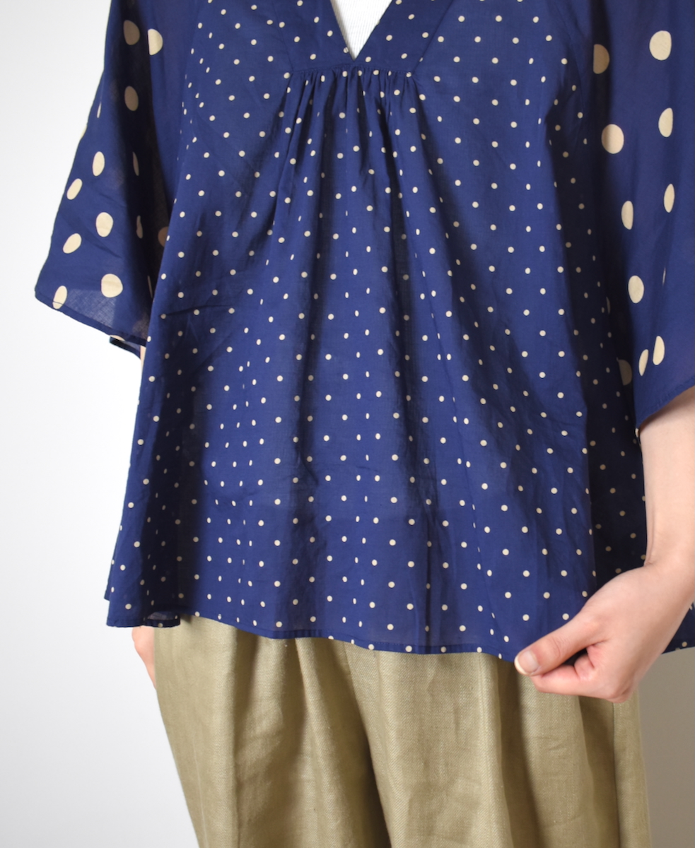 NSL25015(シャツ) 80s VOILE DOT PRINT(PATCHWORK) V-NECK FRARED SLEEVE PULLOVER