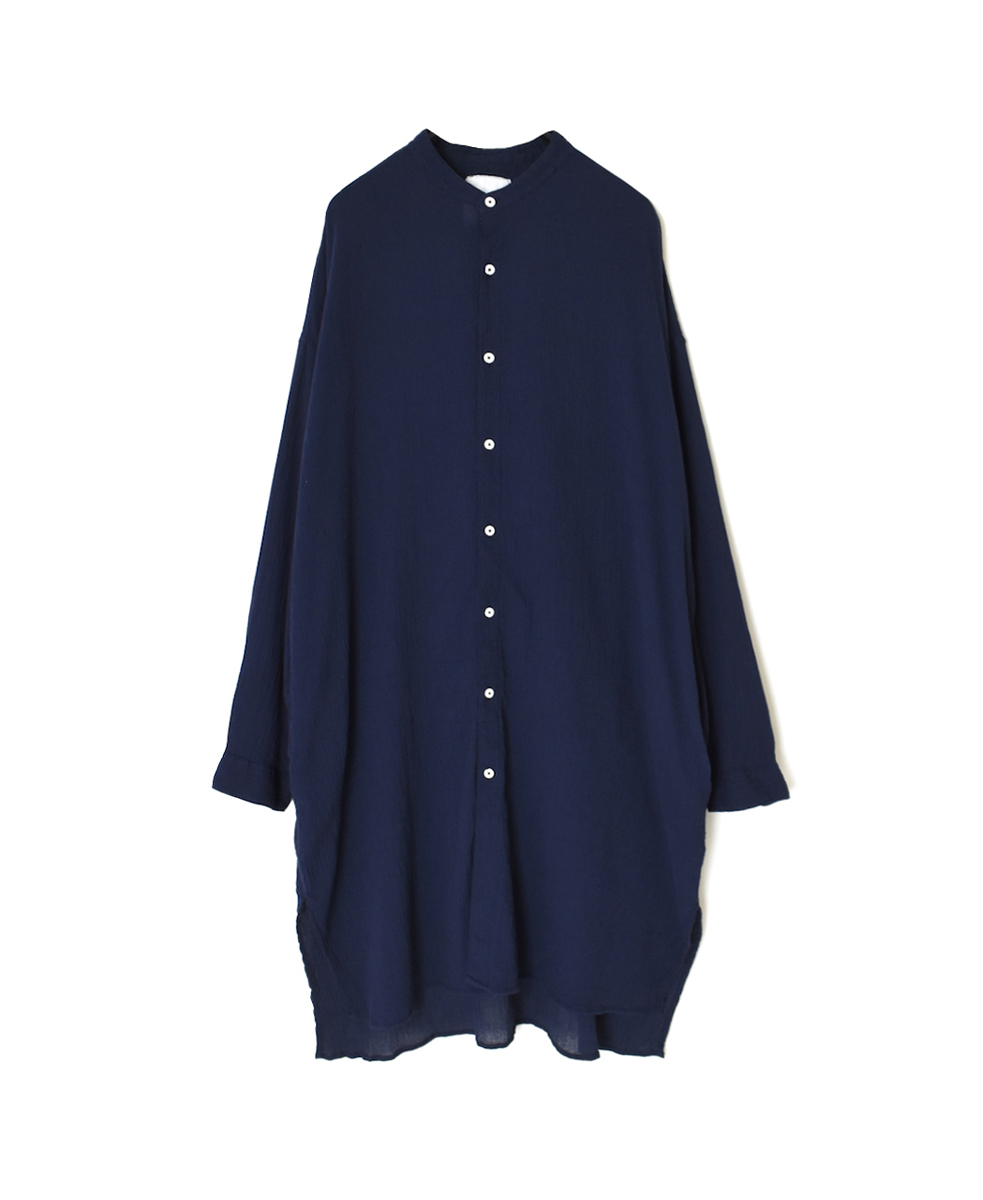 INAM2503GSD(シャツ) SINGLE GAUZE STRIPE OVERDYE BANDED COLLAR LONG SHIRT