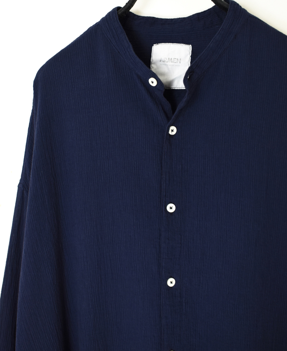 INAM2503GSD(シャツ) SINGLE GAUZE STRIPE OVERDYE BANDED COLLAR LONG SHIRT