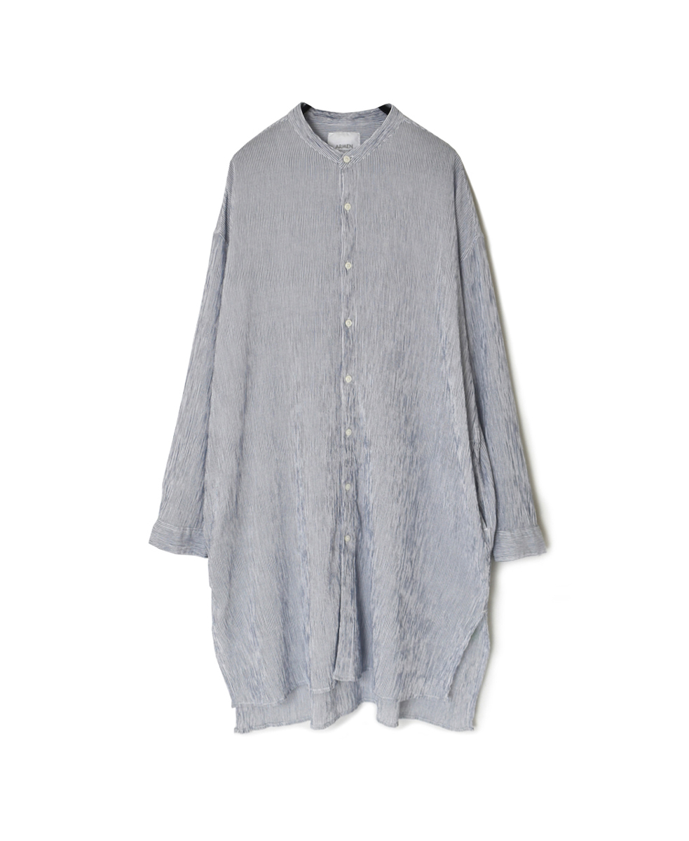 INAM2503GSD(シャツ) SINGLE GAUZE STRIPE OVERDYE BANDED COLLAR LONG SHIRT