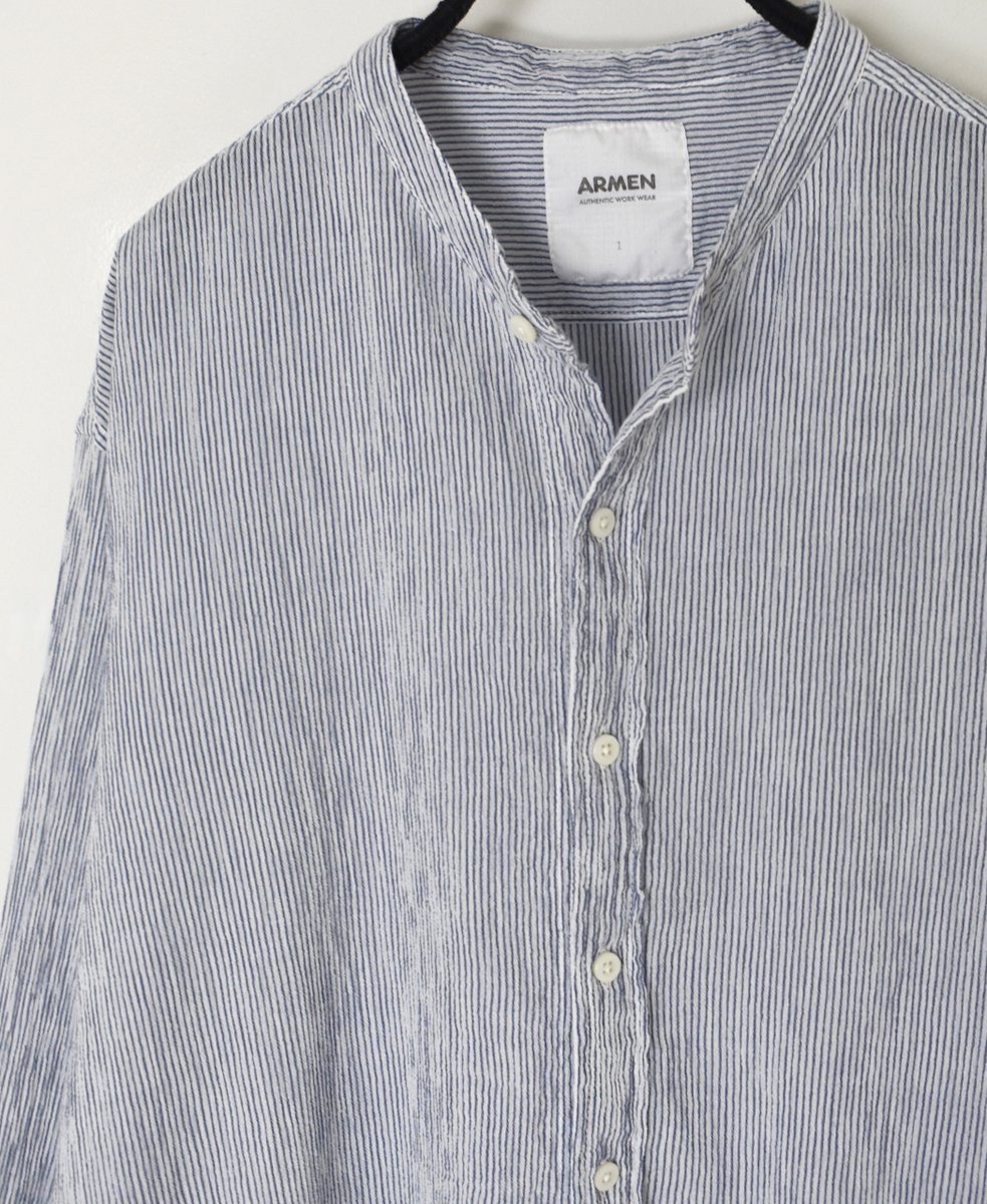 INAM2503GSD(シャツ) SINGLE GAUZE STRIPE OVERDYE BANDED COLLAR LONG SHIRT
