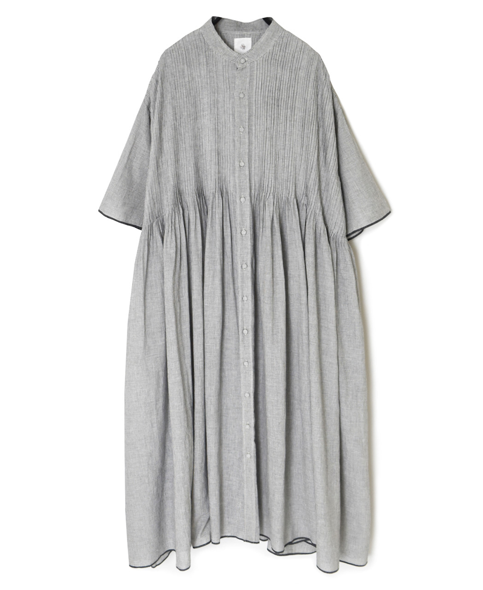 INMDS25054(ワンピース) HANDWOVEN COTTON SINGLE CHECK BANDED COLLAR SHIRT DRESS WITH PINTUCK