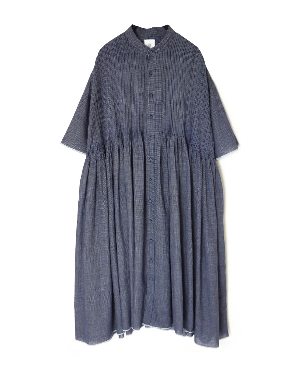 INMDS25054(ワンピース) HANDWOVEN COTTON SINGLE CHECK BANDED COLLAR SHIRT DRESS WITH PINTUCK