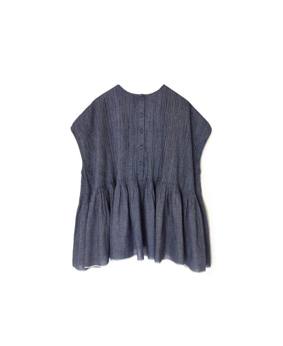 INMDS25053(シャツ) HANDWOVEN COTTON SINGLE CHECK CREW-NECK FRENCH/SL SHIRT WITH PINTUCK