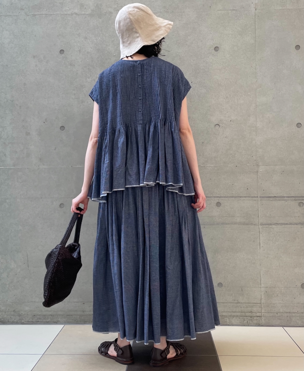 INMDS25055(スカート) HANDWOVEN COTTON SINGLE CHECK FLARED SKIRT WITH PINTUCK