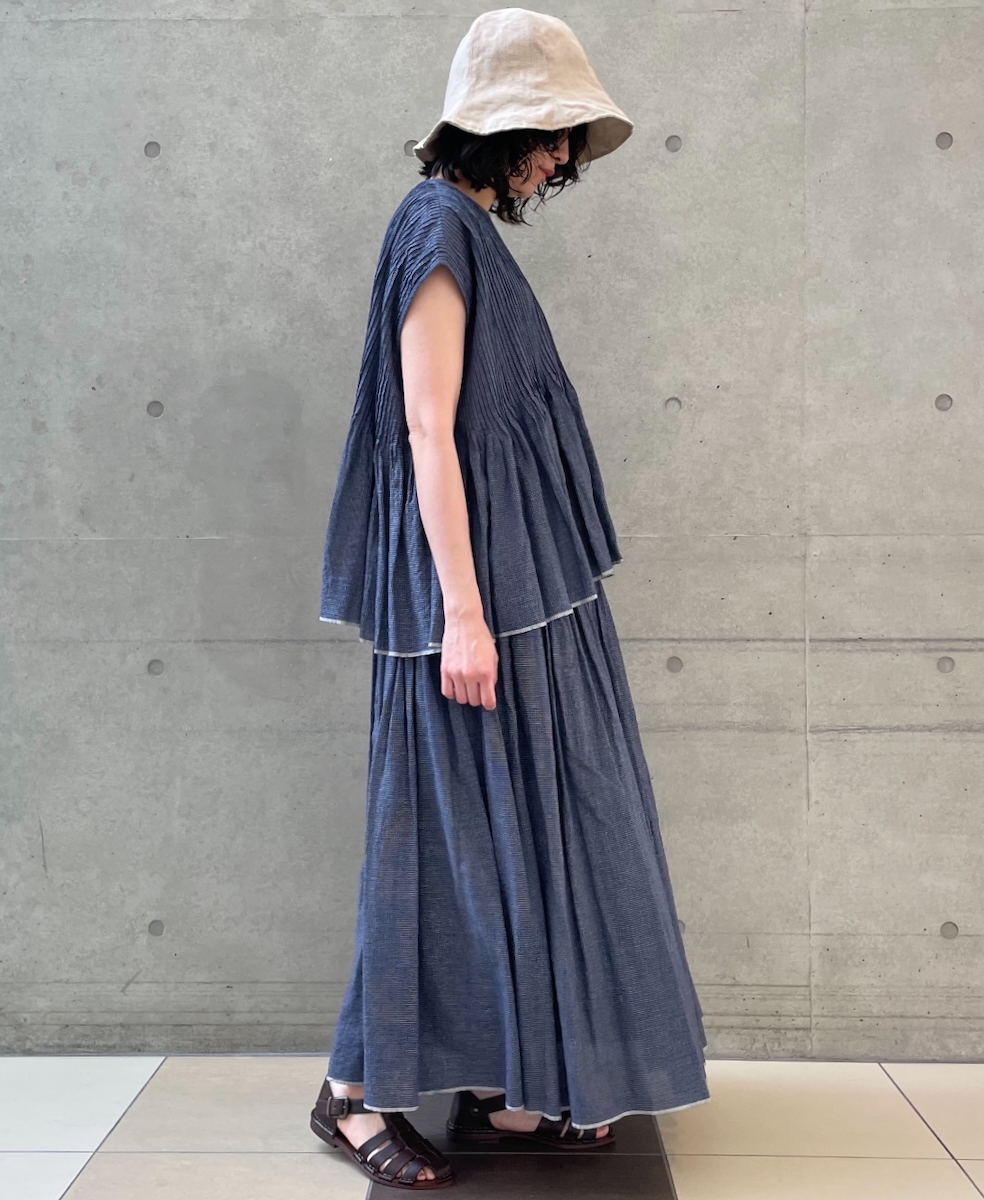 INMDS25055(スカート) HANDWOVEN COTTON SINGLE CHECK FLARED SKIRT WITH PINTUCK