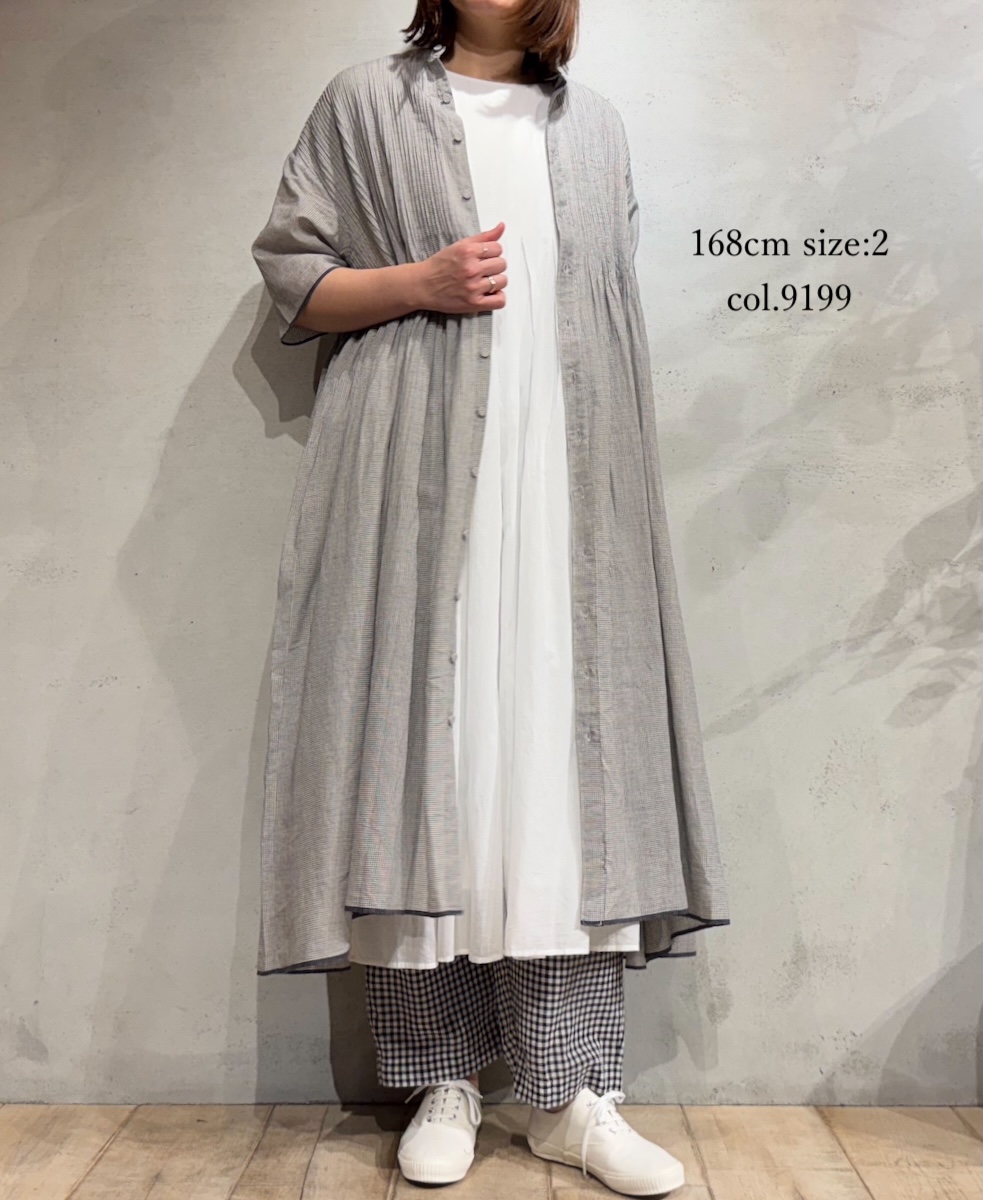 INMDS25054(ワンピース) HANDWOVEN COTTON SINGLE CHECK BANDED COLLAR SHIRT DRESS WITH PINTUCK