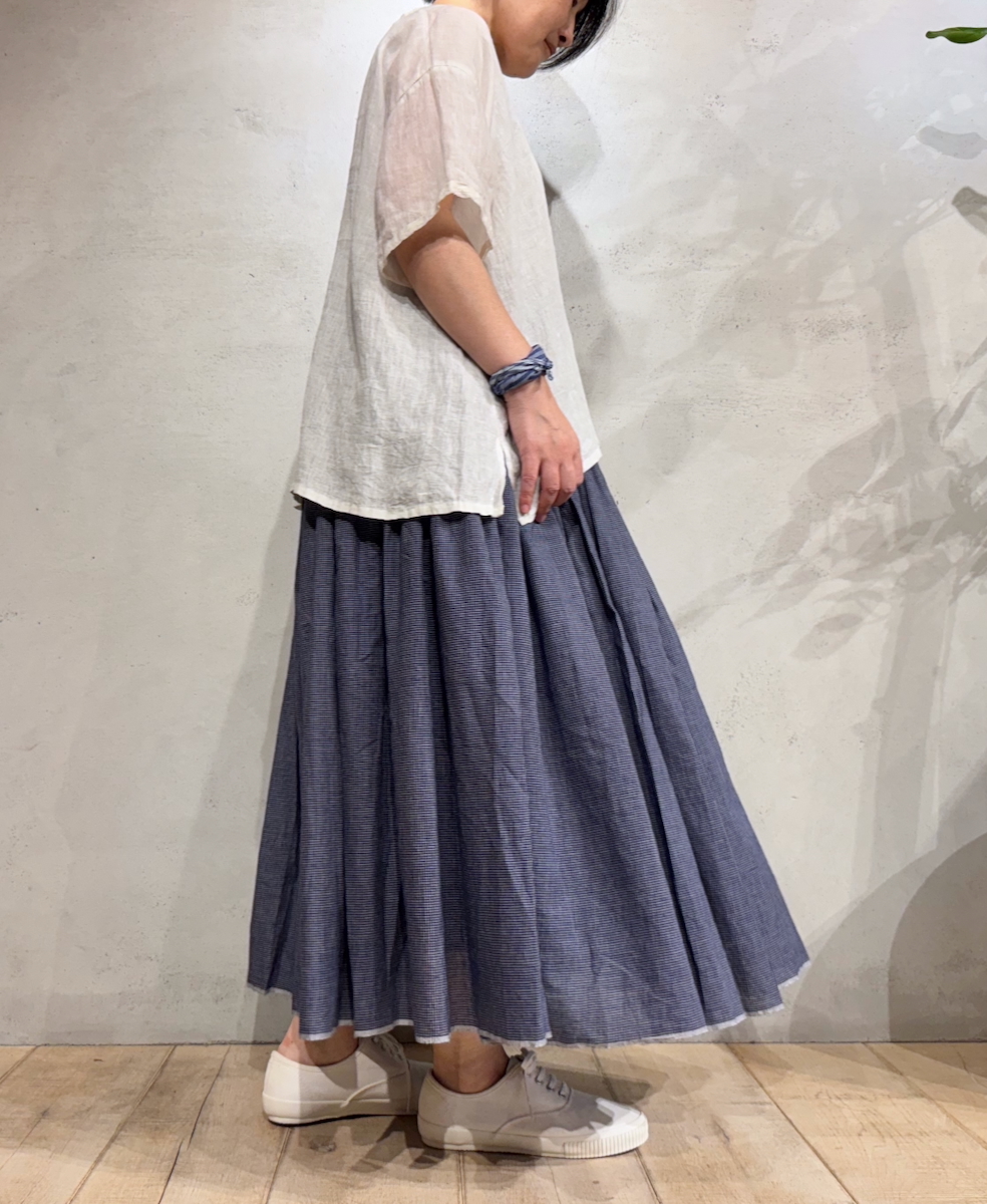 INMDS25055(スカート) HANDWOVEN COTTON SINGLE CHECK FLARED SKIRT WITH PINTUCK