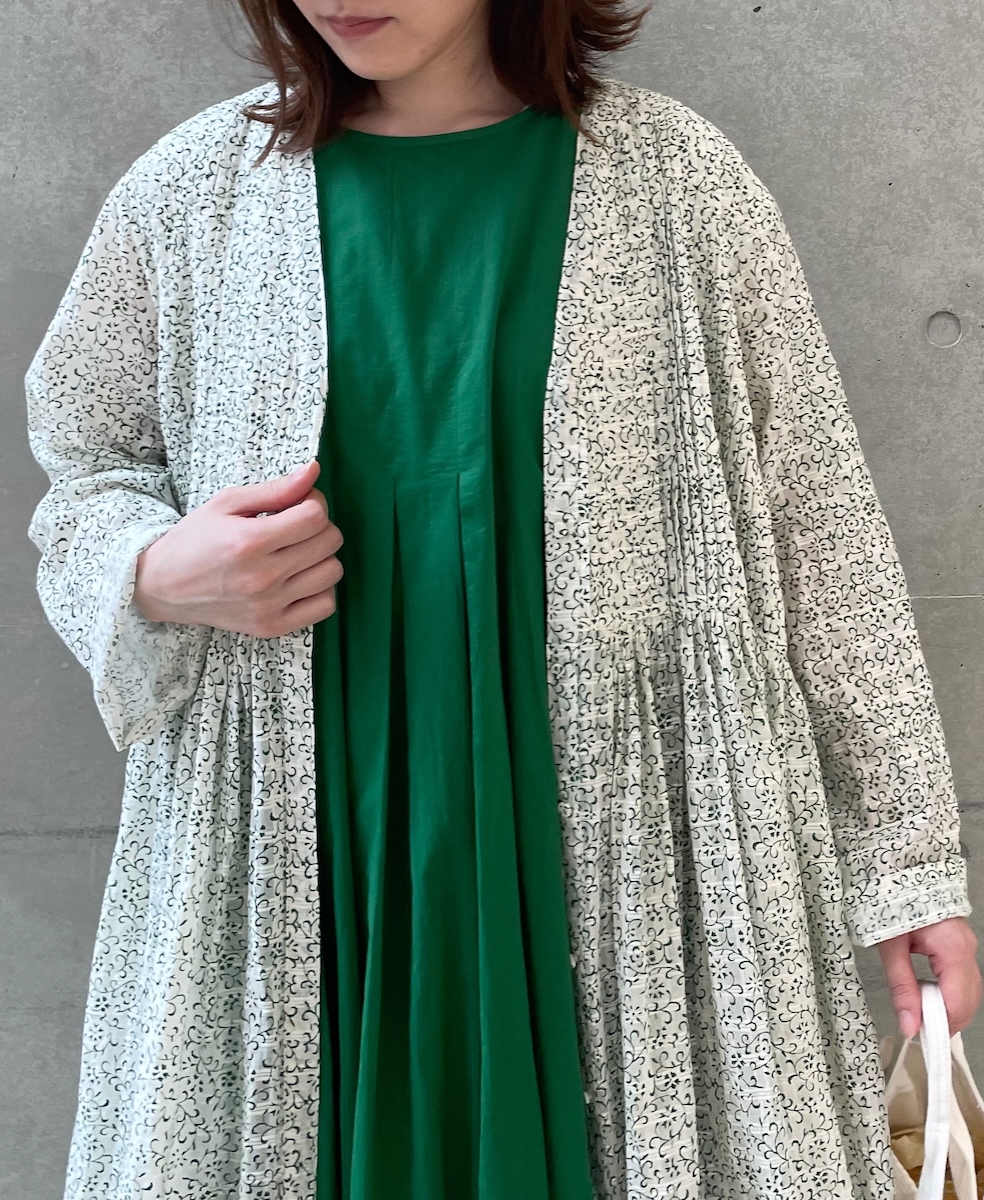INMDS25094(ワンピース) POWER LOOM COTTON DOBIE CHECK ARABESQUE SCREEN PRINT WRAP DRESS WITH PINTUCK