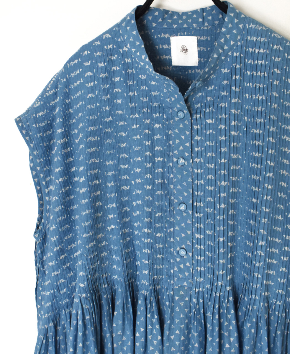 INMDS25104(ワンピース) 80s VOILE TRIANGLE BLOCK PRINT BANDED COLLAR FRENCH/SL DRESS WITH PINTUCK