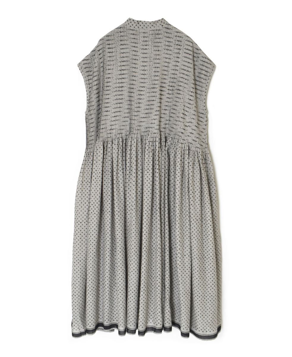 INMDS25104(ワンピース) 80s VOILE TRIANGLE BLOCK PRINT BANDED COLLAR FRENCH/SL DRESS WITH PINTUCK