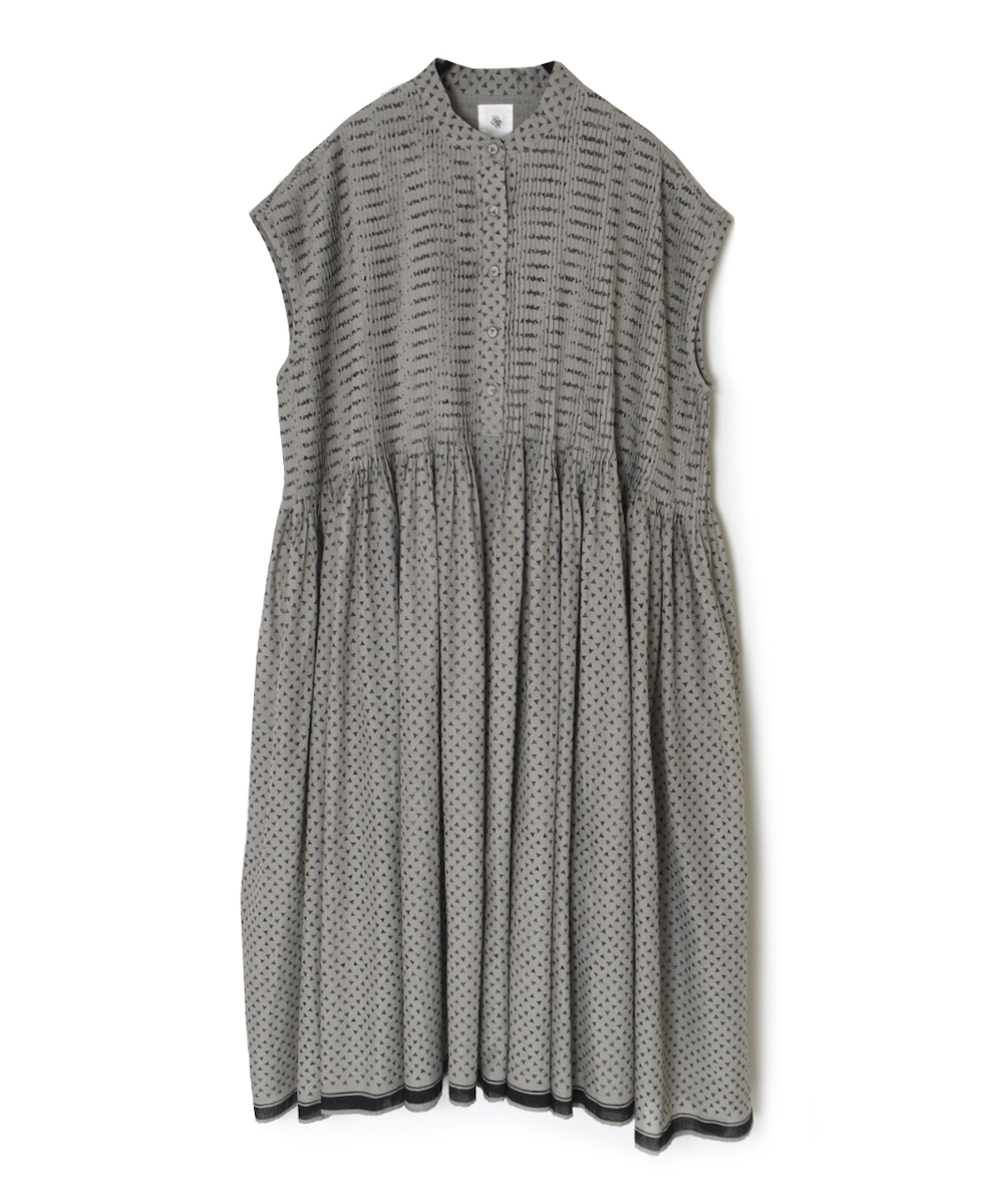 INMDS25104(ワンピース) 80s VOILE TRIANGLE BLOCK PRINT BANDED COLLAR FRENCH/SL DRESS WITH PINTUCK