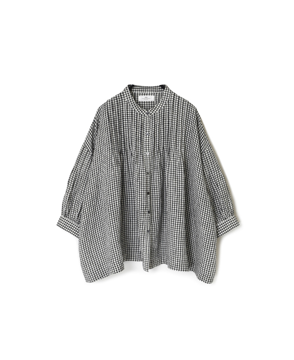 INSL25211(シャツ) 60s LINEN CHECK BANDED COLLAR 3/4SL PINTUCK SHIRT