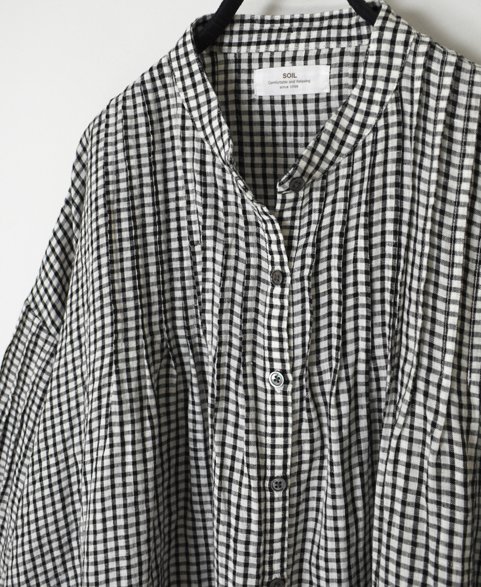 INSL25211(シャツ) 60s LINEN CHECK BANDED COLLAR 3/4SL PINTUCK SHIRT