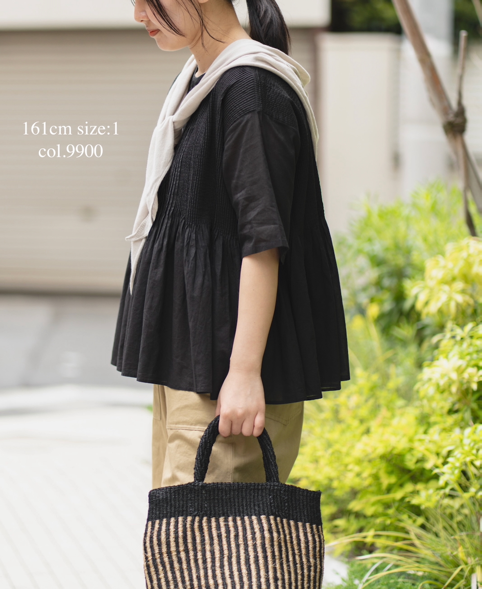 NMDS25221(シャツ) 80s ORGANIC VOILE PLAIN CREW-NECK P/O HALF/SL SHIRT WITH MINI PINTUCK