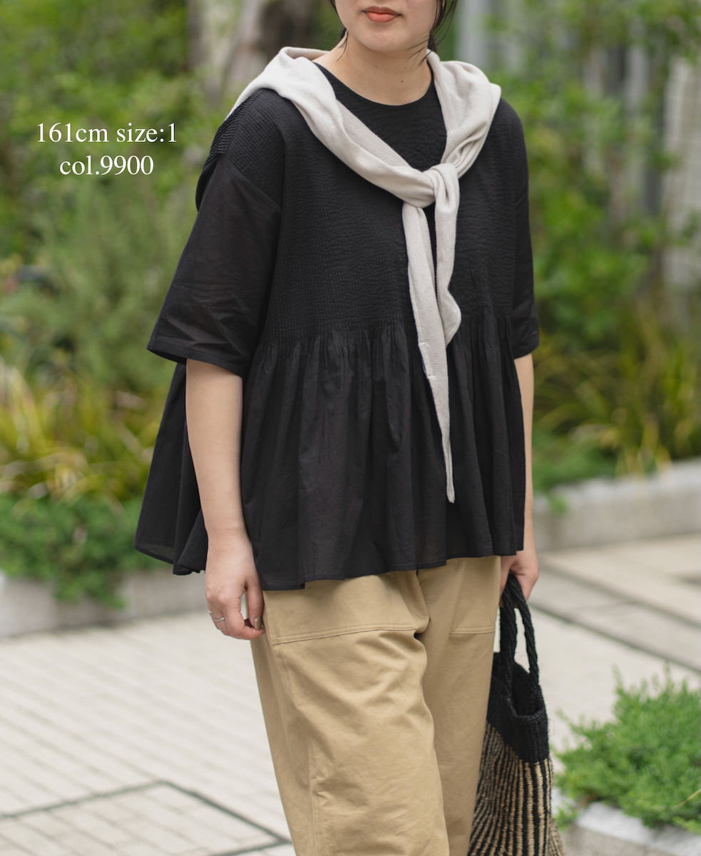 NMDS25221(シャツ) 80s ORGANIC VOILE PLAIN CREW-NECK P/O HALF/SL SHIRT WITH MINI PINTUCK