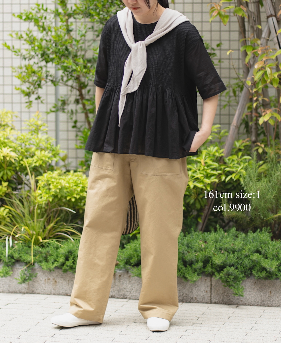 NMDS25221(シャツ) 80s ORGANIC VOILE PLAIN CREW-NECK P/O HALF/SL SHIRT WITH MINI PINTUCK