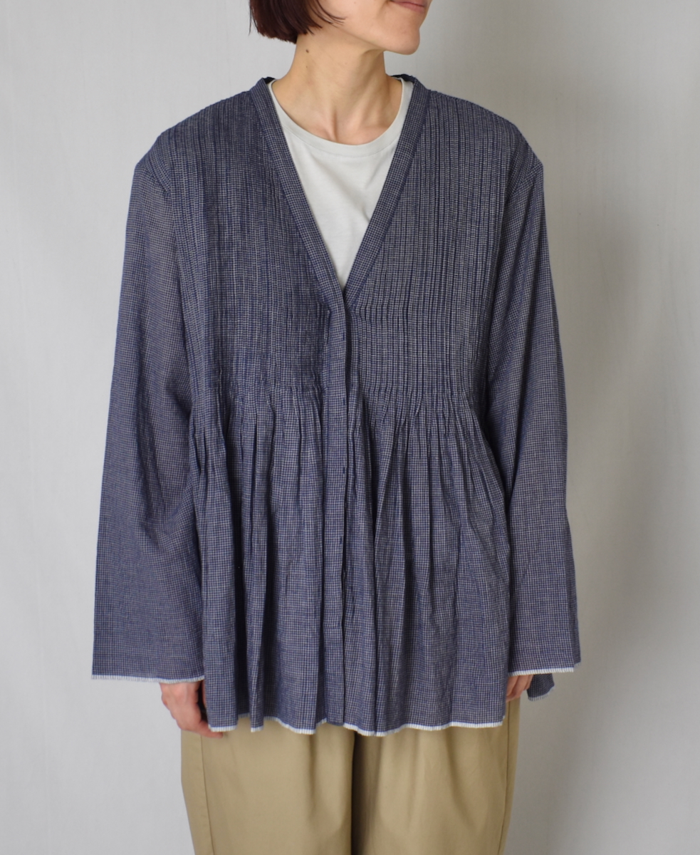 INMDS25051(ブラウス) HANDWOVEN COTTON SINGLE CHECK WRAP BLOUSE WITH PINTUCK