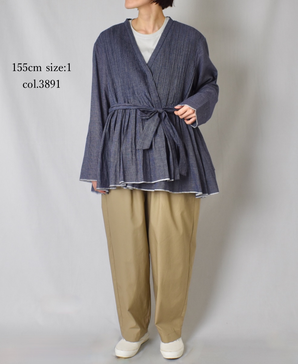INMDS25051(ブラウス) HANDWOVEN COTTON SINGLE CHECK WRAP BLOUSE WITH PINTUCK
