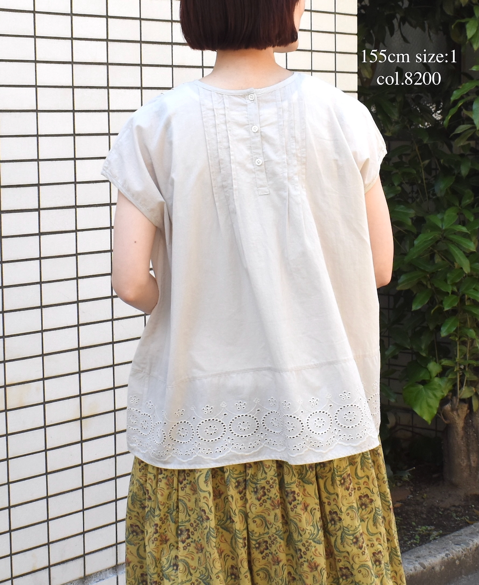 ●INSL24223 (ブラウス) 80s VOILE PLAIN WITH CUT WORK LACE CREW-NECK FRENCH/SL SHIRT WITH PINTUCK