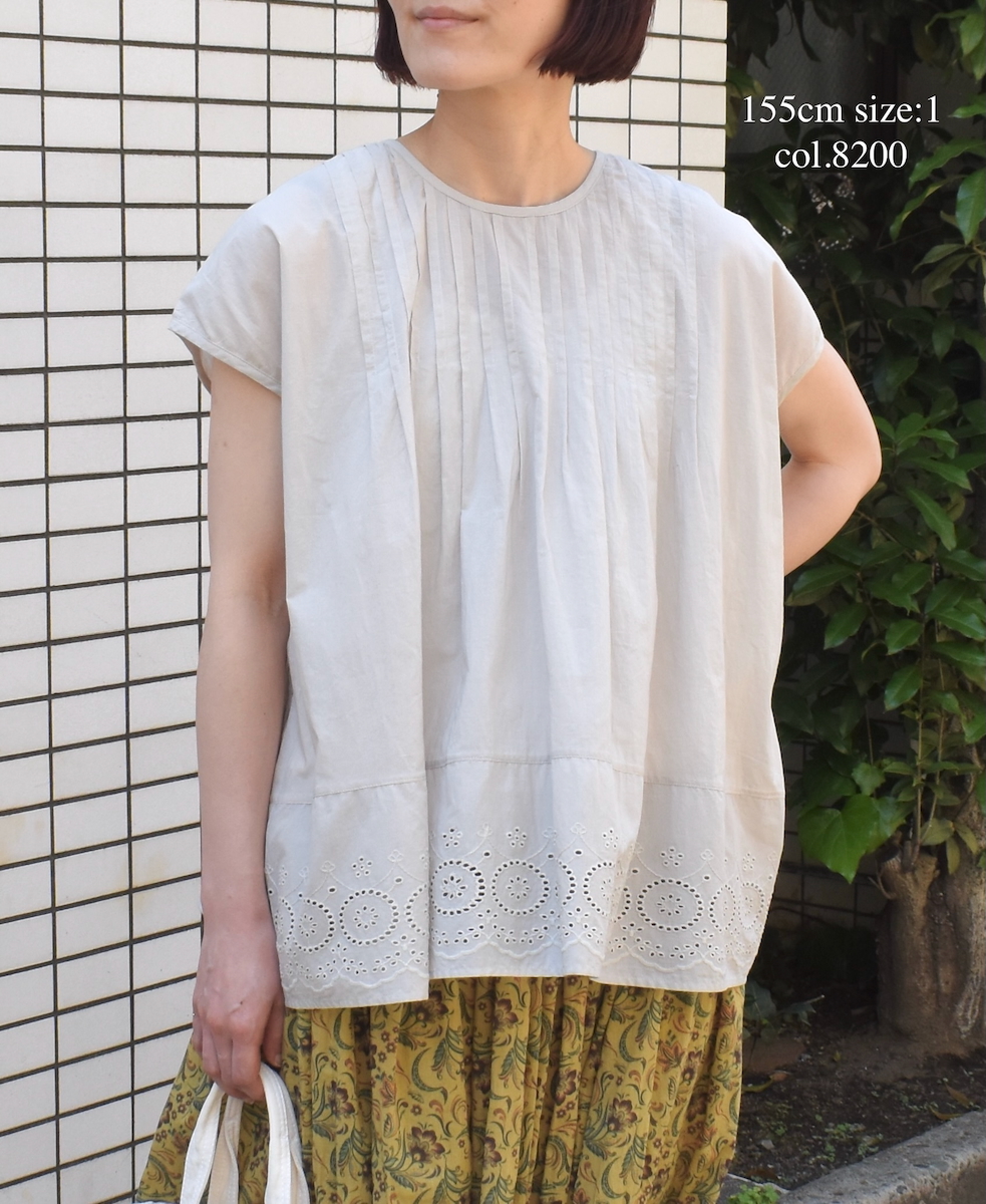 ●INSL24223 (ブラウス) 80s VOILE PLAIN WITH CUT WORK LACE CREW-NECK FRENCH/SL SHIRT WITH PINTUCK