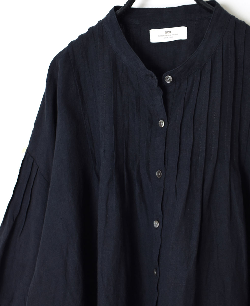 ●INSL24201(シャツ) 60s LINEN PLAIN BANDED COLLAR 3/4SL PINTUCK SHIRT