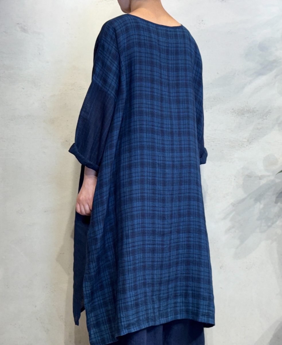 INMDS25124(ワンピース) YARN DYE NATURAL INDIGO DROP SHOULDER SMOCK DRESS