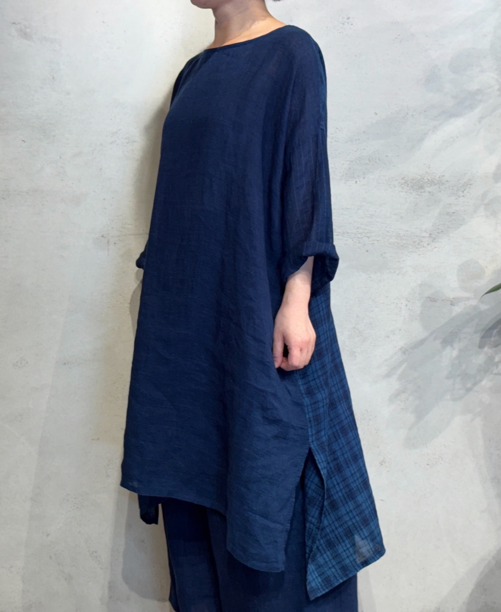 INMDS25124(ワンピース) YARN DYE NATURAL INDIGO DROP SHOULDER SMOCK DRESS