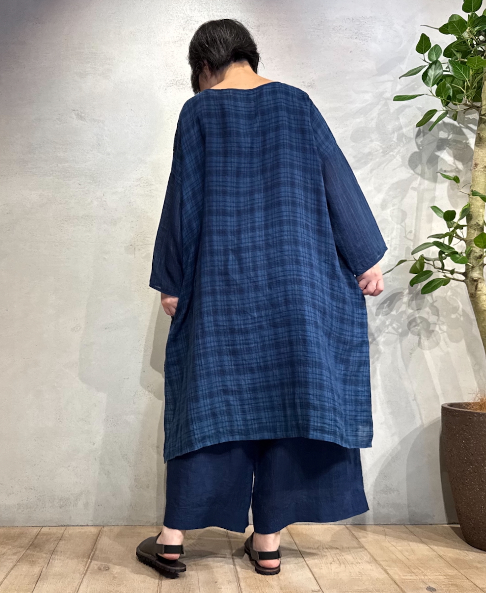 INMDS25124(ワンピース) YARN DYE NATURAL INDIGO DROP SHOULDER SMOCK DRESS