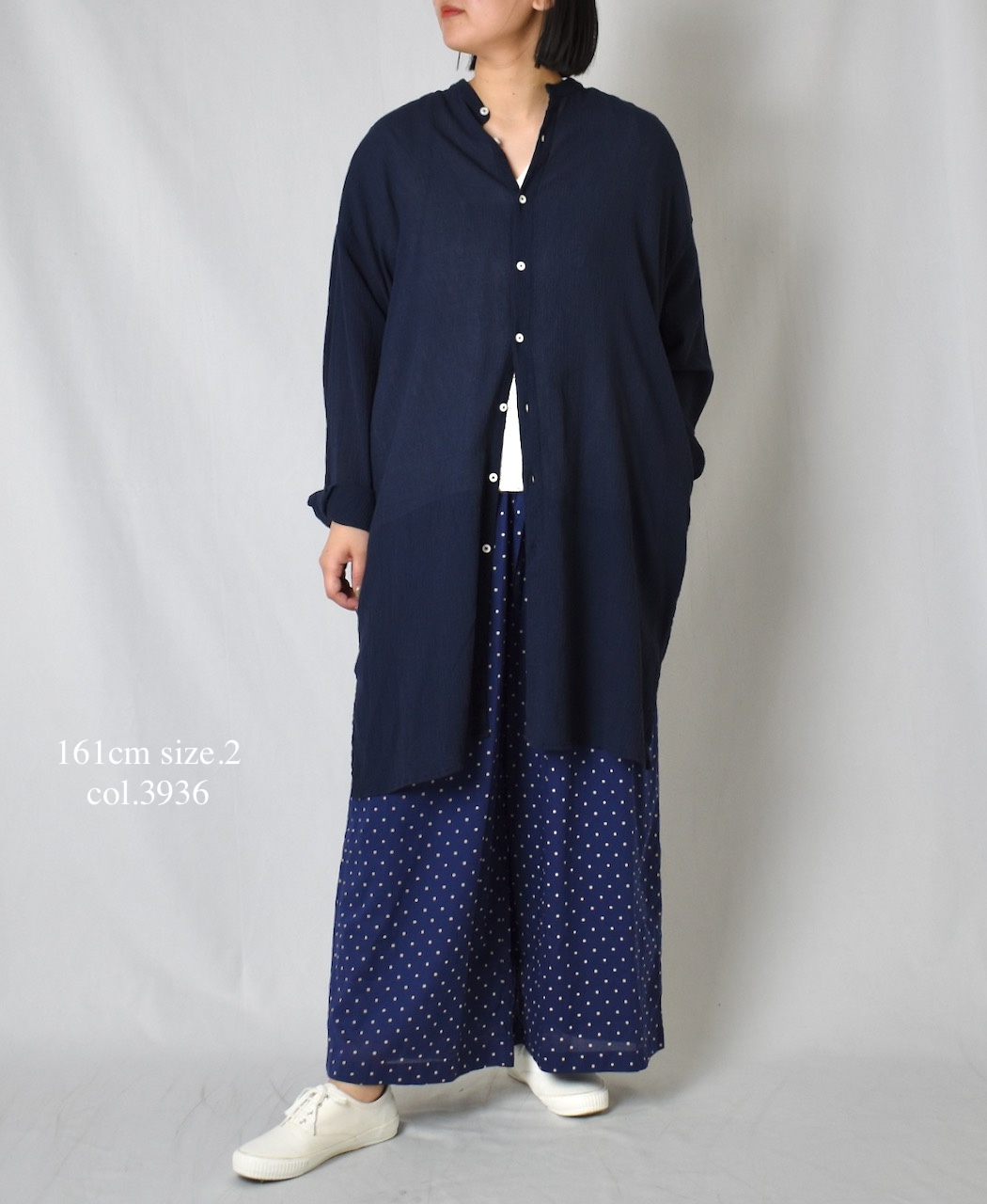 INAM2503GSD(シャツ) SINGLE GAUZE STRIPE OVERDYE BANDED COLLAR LONG SHIRT
