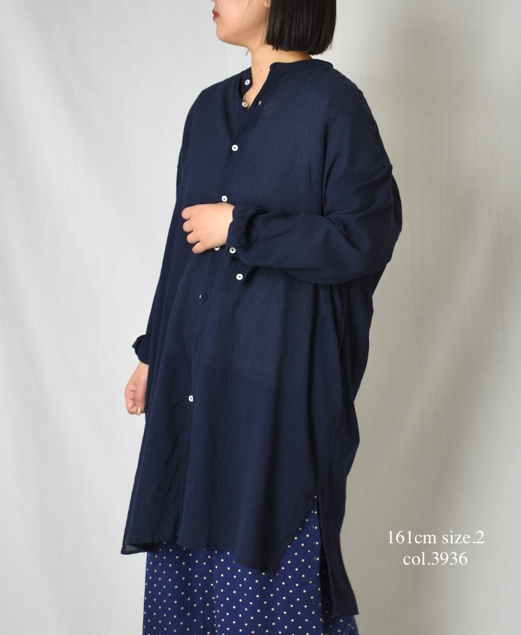 INAM2503GSD(シャツ) SINGLE GAUZE STRIPE OVERDYE BANDED COLLAR LONG SHIRT