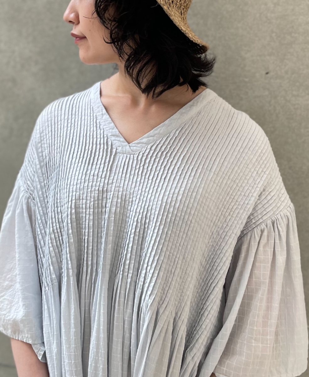 NMDS25253D(ワンピース) 80s ORGANIC DOBIE CHECK(OVERDYE) FLARED SLEEVE DRESS WITH PINTUCK