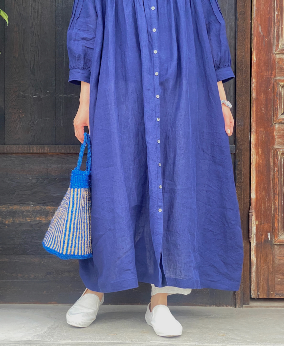 INSL25203(ワンピース) 60s LINEN PLAIN BANDED COLLAR 3/4SL PINTUCK DRESS