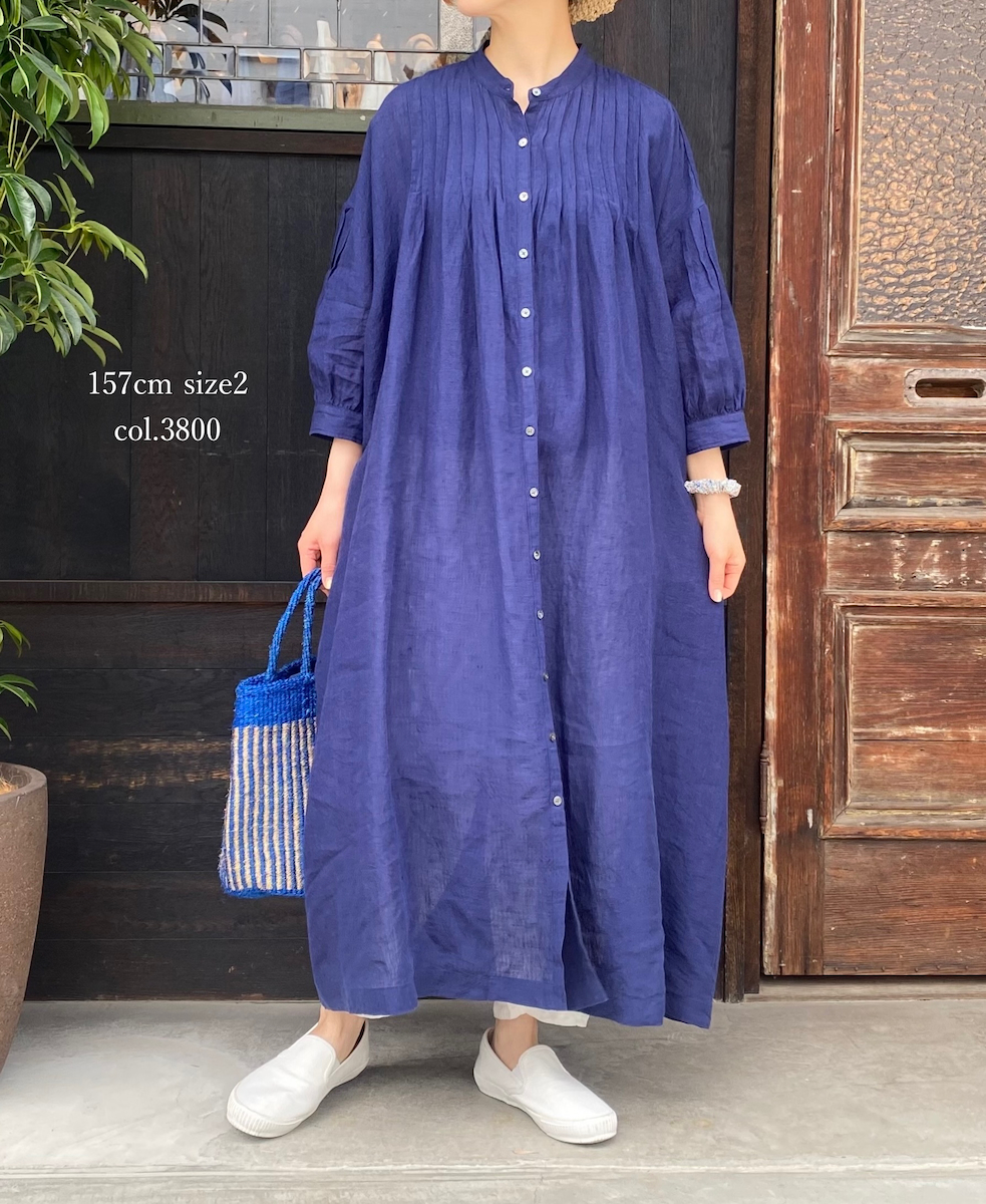 INSL25203(ワンピース) 60s LINEN PLAIN BANDED COLLAR 3/4SL PINTUCK DRESS