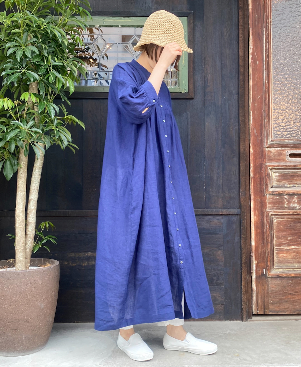 INSL25203(ワンピース) 60s LINEN PLAIN BANDED COLLAR 3/4SL PINTUCK DRESS