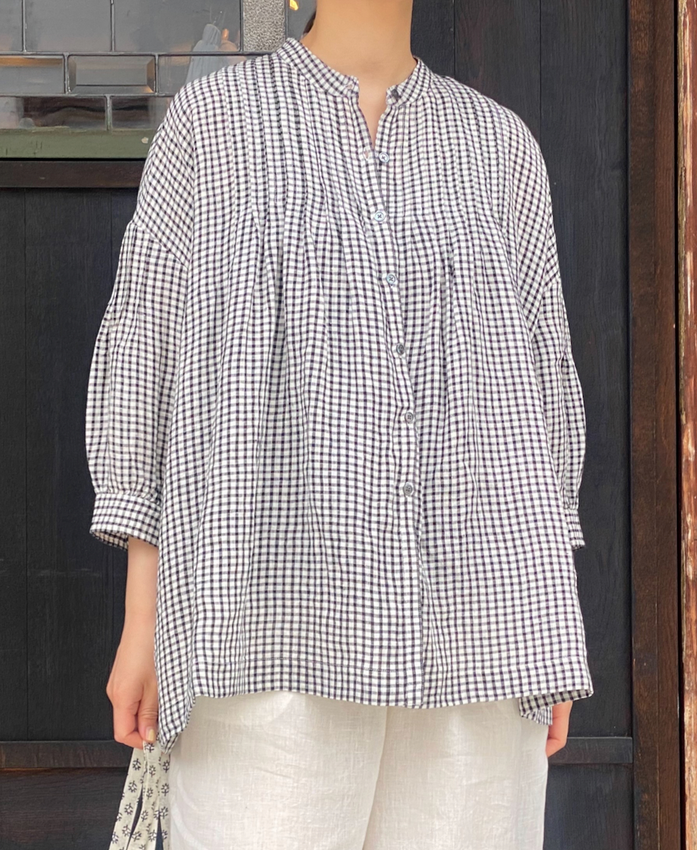 INSL25211(シャツ) 60s LINEN CHECK BANDED COLLAR 3/4SL PINTUCK SHIRT