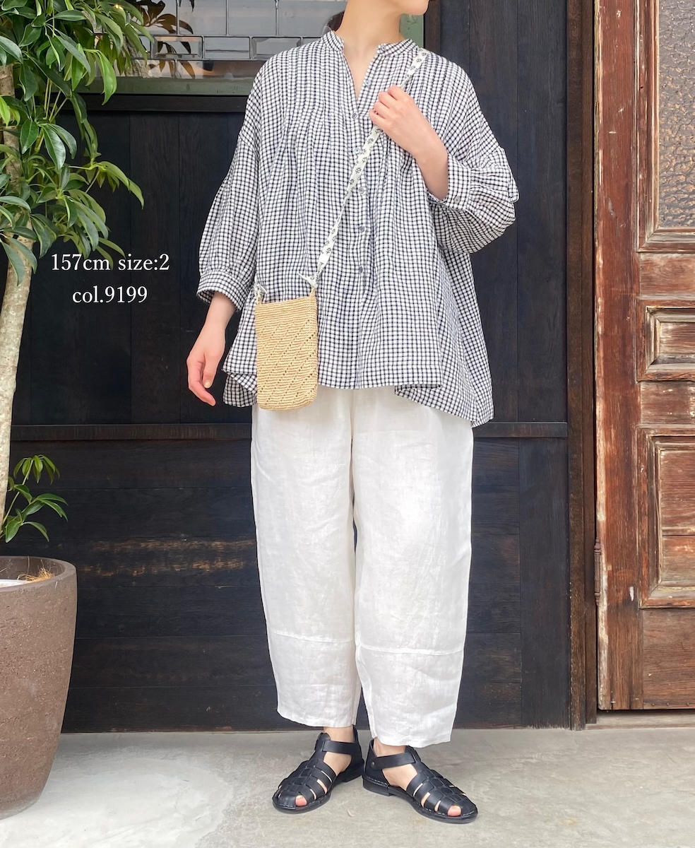 INSL25211(シャツ) 60s LINEN CHECK BANDED COLLAR 3/4SL PINTUCK SHIRT