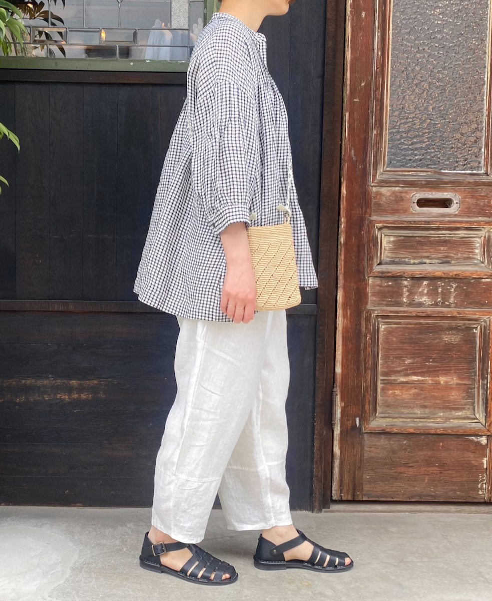 INSL25211(シャツ) 60s LINEN CHECK BANDED COLLAR 3/4SL PINTUCK SHIRT