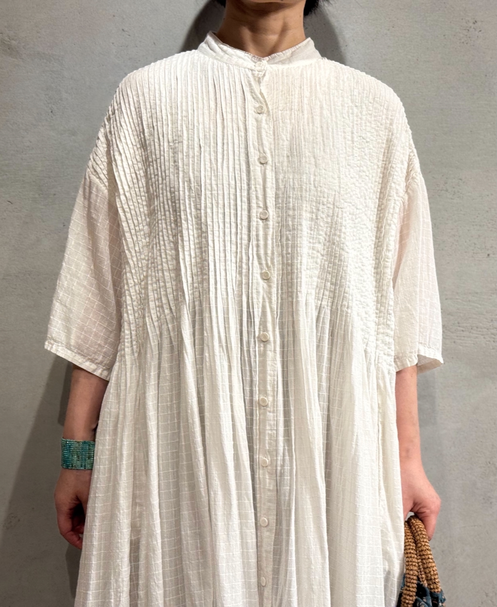 NMDS25254D(ワンピース) 80s ORGANIC DOBIE CHECK(OVERDYE) BANDED COLLAR MAXI DRESS WITH PINTUCK