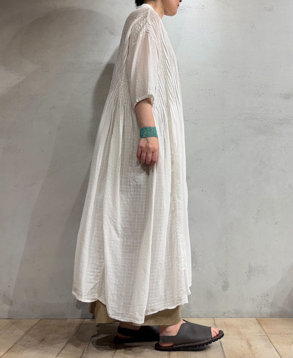 NMDS25254D(ワンピース) 80s ORGANIC DOBIE CHECK(OVERDYE) BANDED COLLAR MAXI DRESS WITH PINTUCK