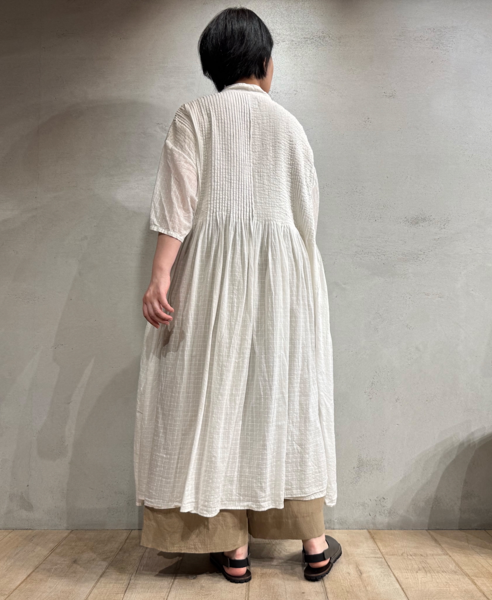 NMDS25254D(ワンピース) 80s ORGANIC DOBIE CHECK(OVERDYE) BANDED COLLAR MAXI DRESS WITH PINTUCK