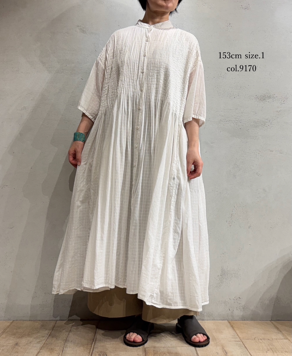 NMDS25254D(ワンピース) 80s ORGANIC DOBIE CHECK(OVERDYE) BANDED COLLAR MAXI DRESS WITH PINTUCK