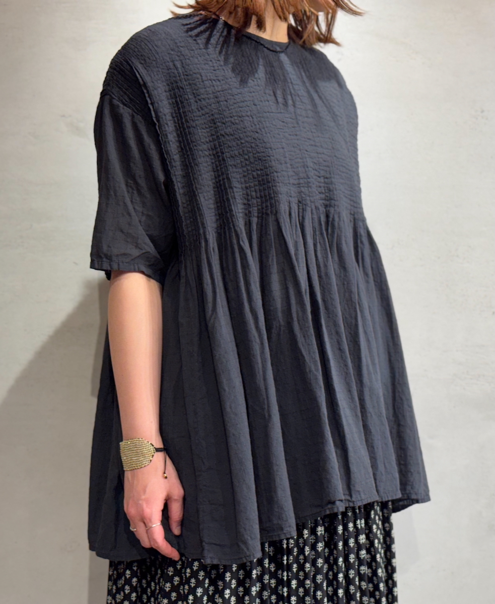 NMDS25251D(シャツ) 80s ORGANIC DOBIE CHECK(OVERDYE) CREW-NECK P/O HALF/SL SHIRT WITH PINTUCK