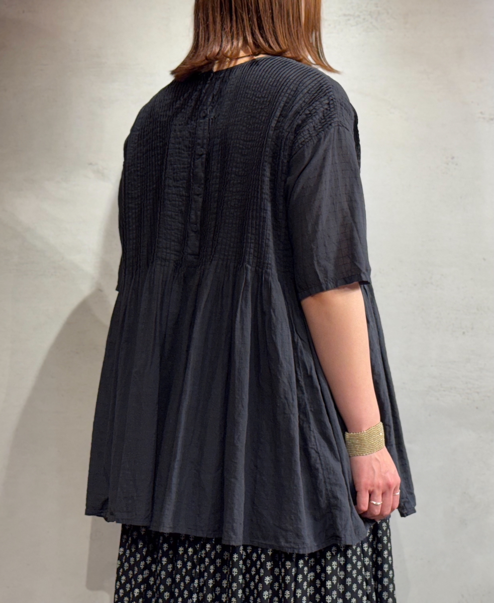 NMDS25251D(シャツ) 80s ORGANIC DOBIE CHECK(OVERDYE) CREW-NECK P/O HALF/SL SHIRT WITH PINTUCK
