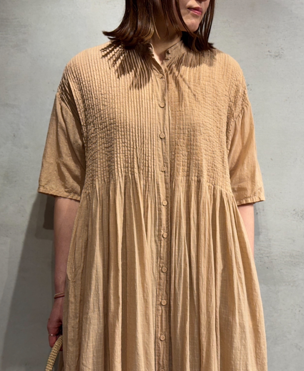 NMDS25254D(ワンピース) 80s ORGANIC DOBIE CHECK(OVERDYE) BANDED COLLAR MAXI DRESS WITH PINTUCK